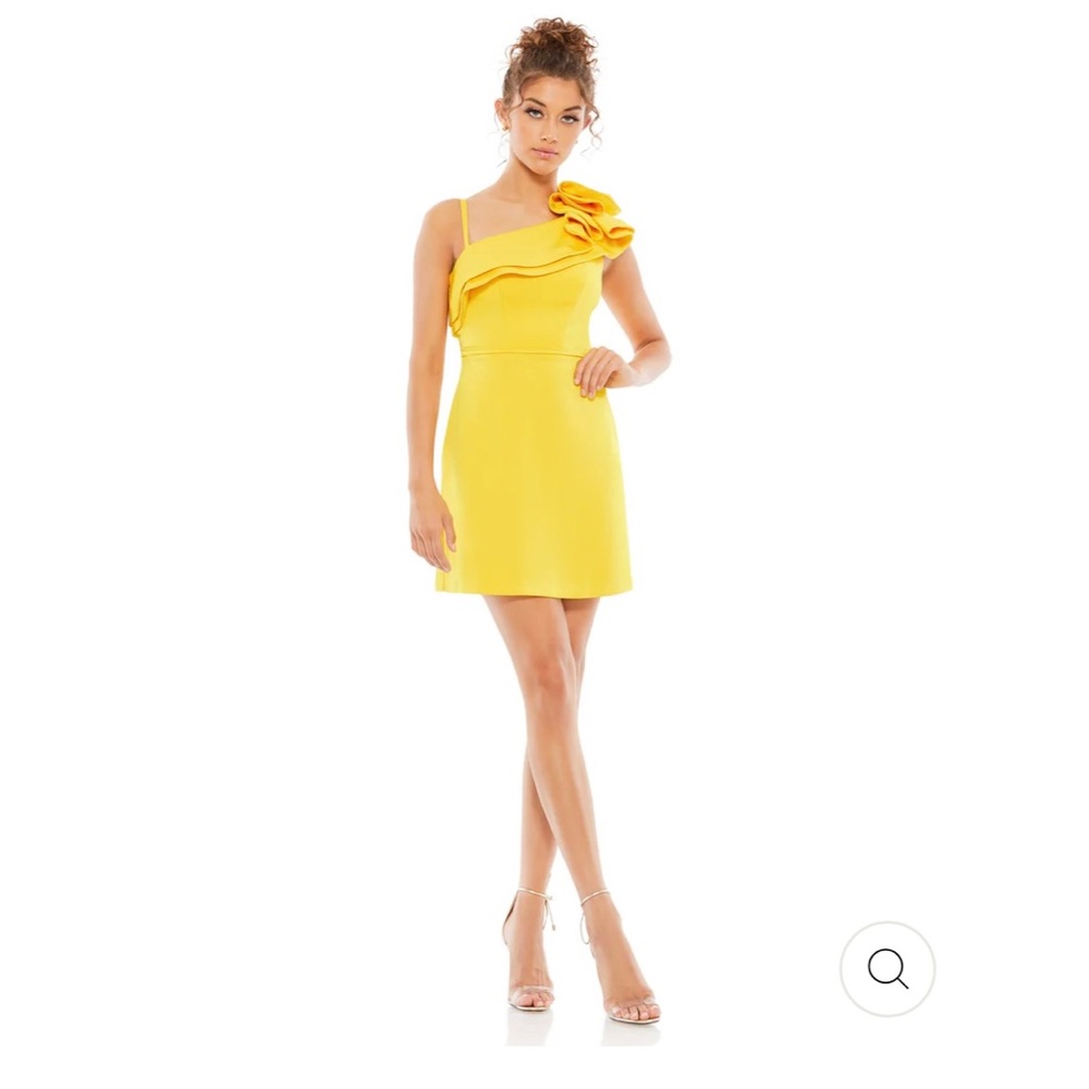 Mac Duggal Yellow One-Shoulder Mini Dress with Floral Ruffle